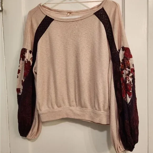 Free People Rose Pink Sweater with Floral Sleeves - Picture 2 of 13